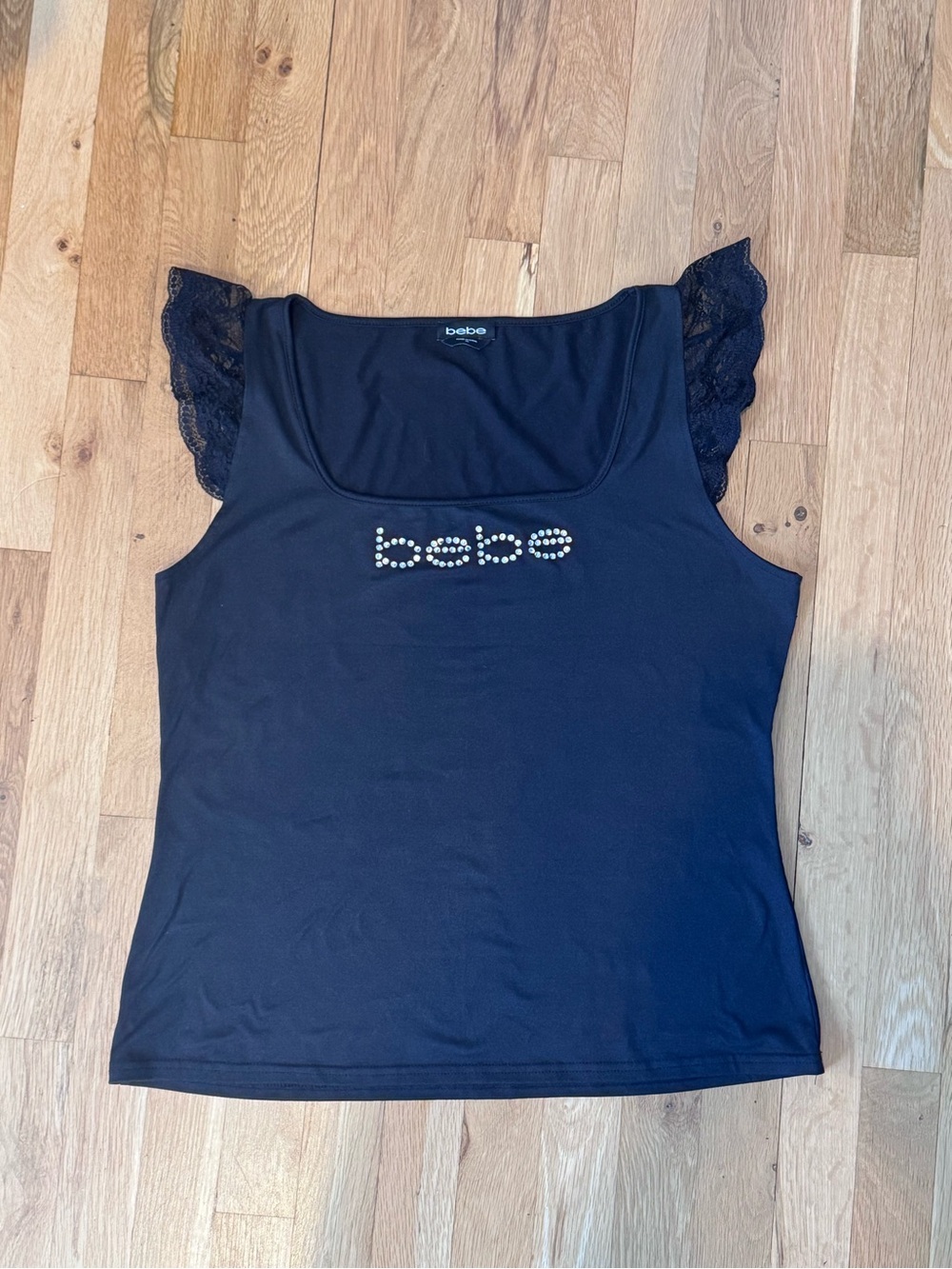 bebe Rhinestone Logo Top Black Lace Flutter Sleeve Y2K Size XL